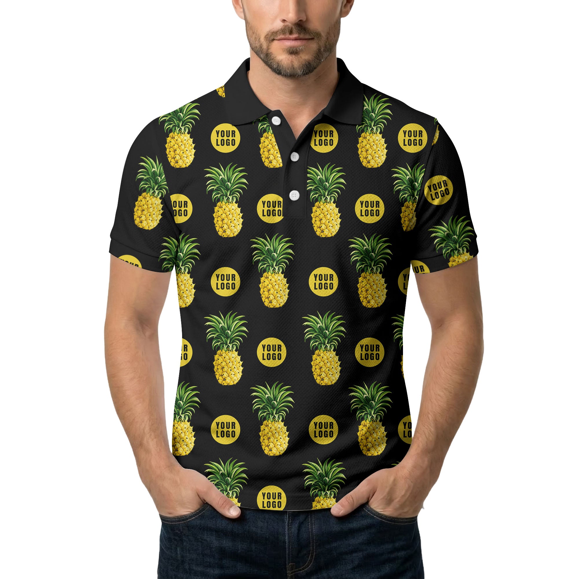 realistic pineapple repeat & custom logo black polo shirt