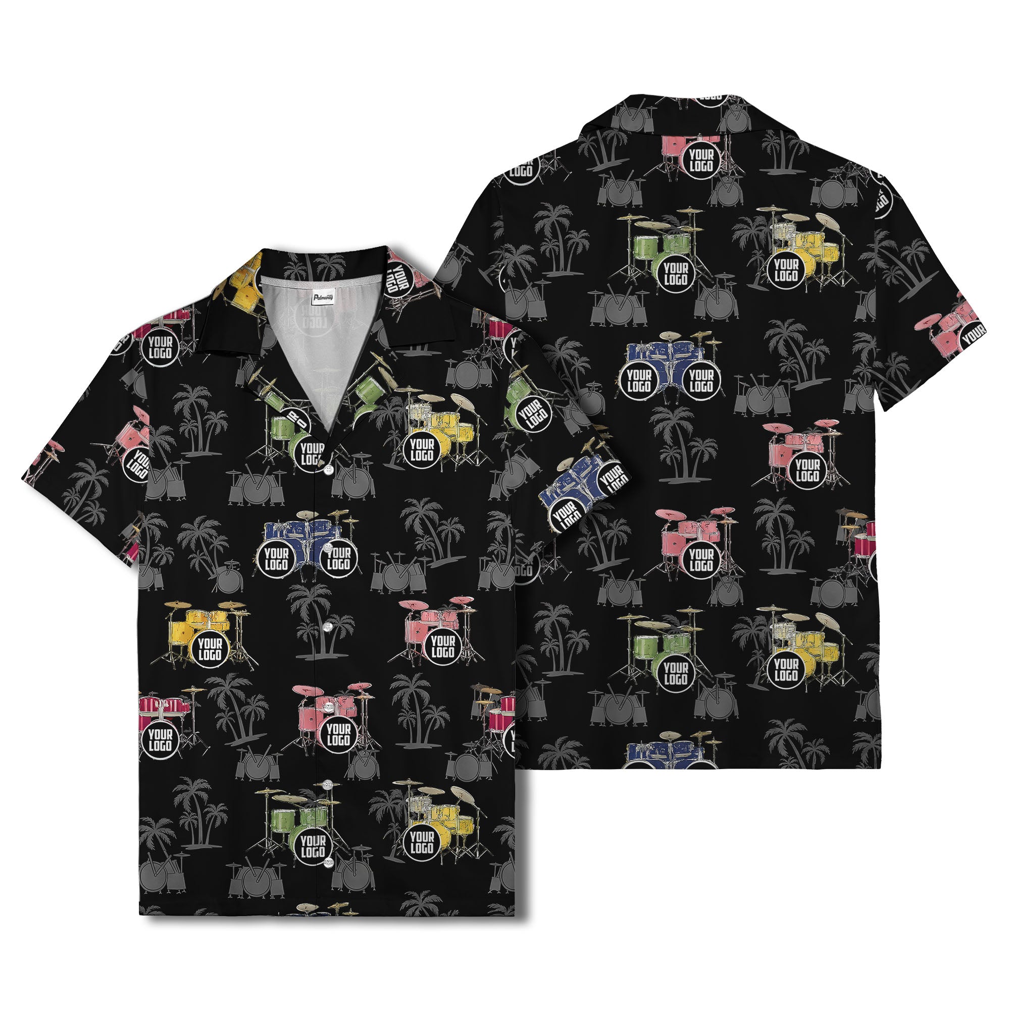 rockin' drum kits & palm trees repeat hawaiian shirt for musicians
