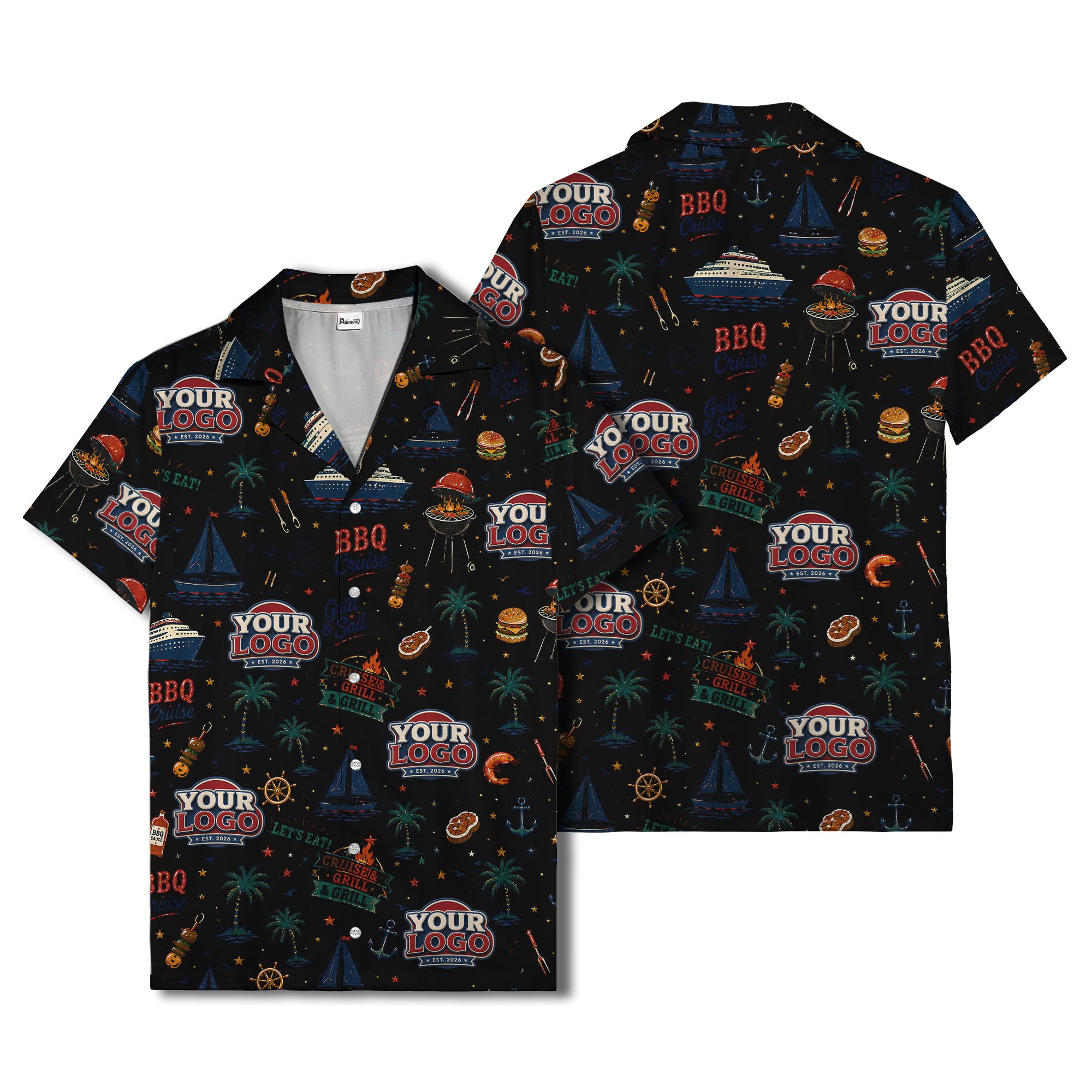 sailboats anchors ship wheels hamburger shrimp steak grill tools hawaiian shirt for men