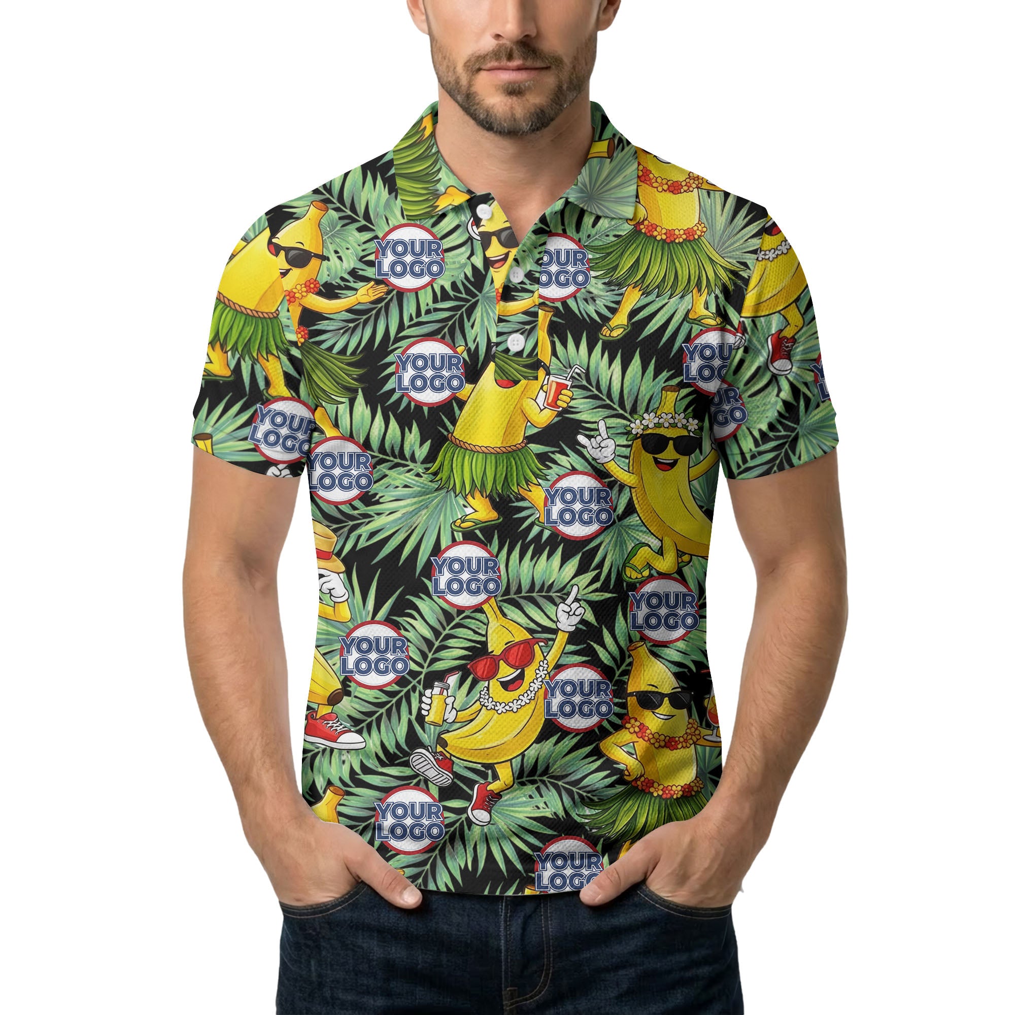 sunglass bananas luau palm leaves polo shirt for men