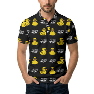 sunglasses rubber duck repeat pattern black yellow fun cartoon golf polo shirt