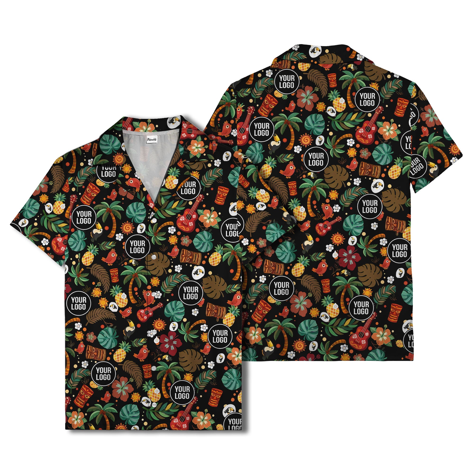 tiki masks & pineapples watercolor hawaiian shirt with toucans & ukuleles