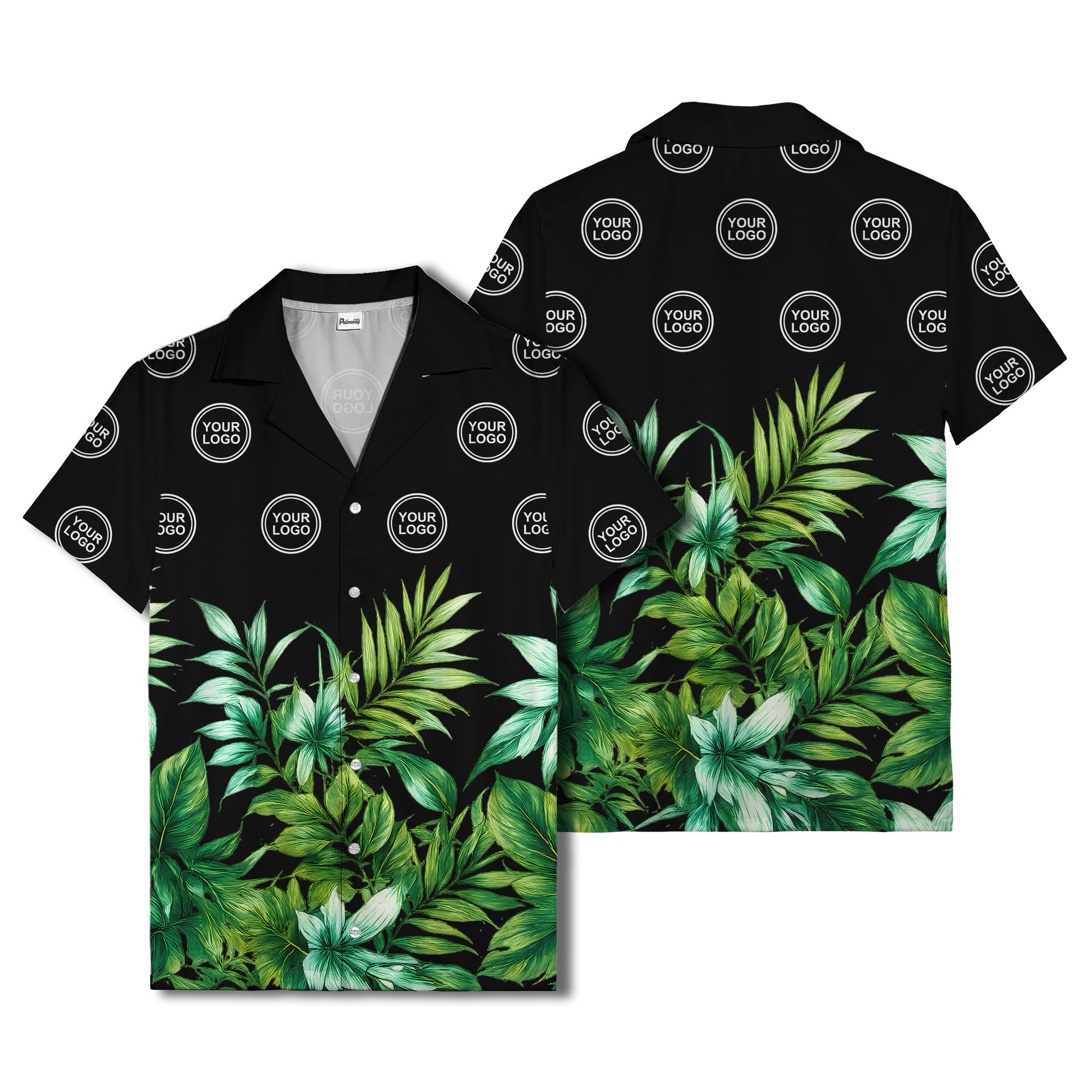 watercolor palm fronds & monogram logo repeat hawaiian shirt