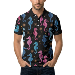 watercolor seahorse repeat marine life polo shirt in pink blue