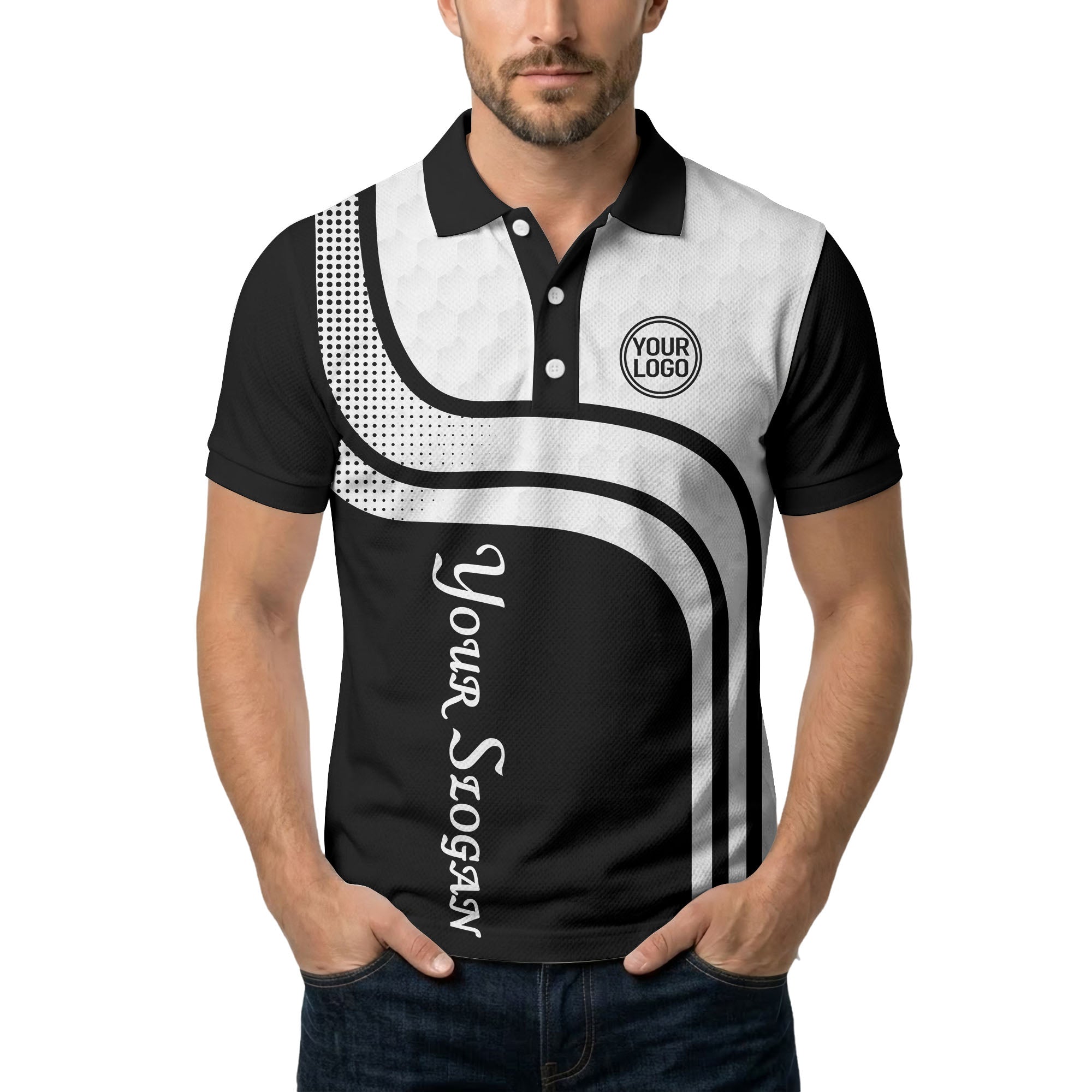 wave hexagon graphic golf polo shirt with custom logo