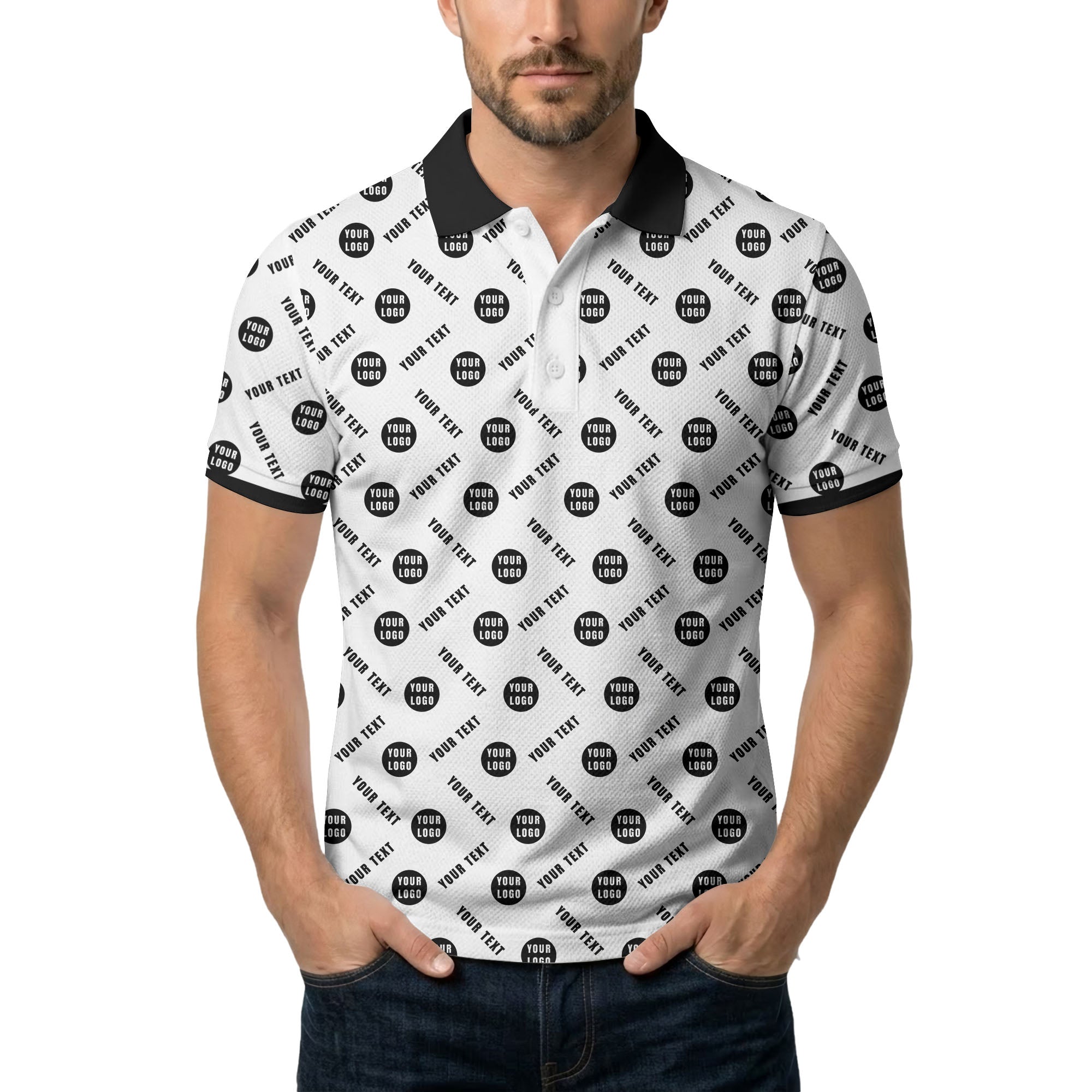 your name & logo repeat pattern all over print custom polo shirt