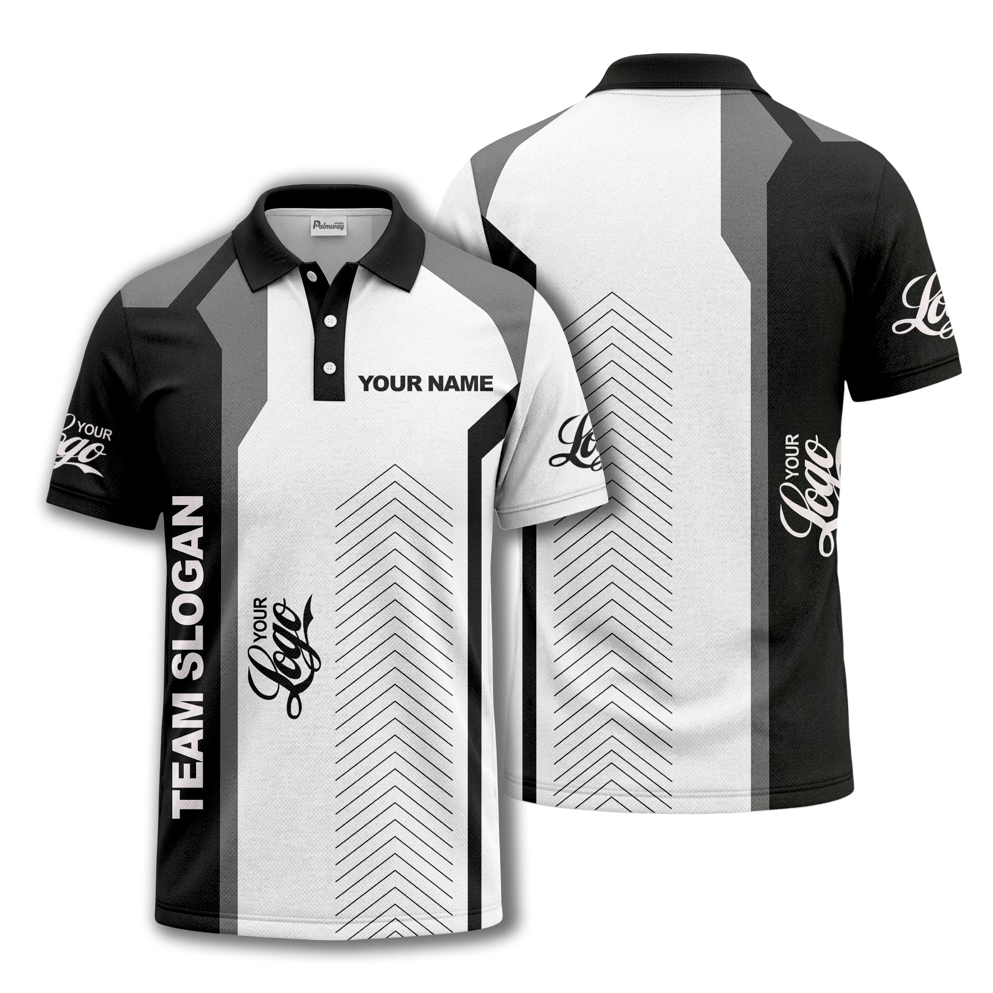 arrow repeat geometric logo & text custom polo shirt