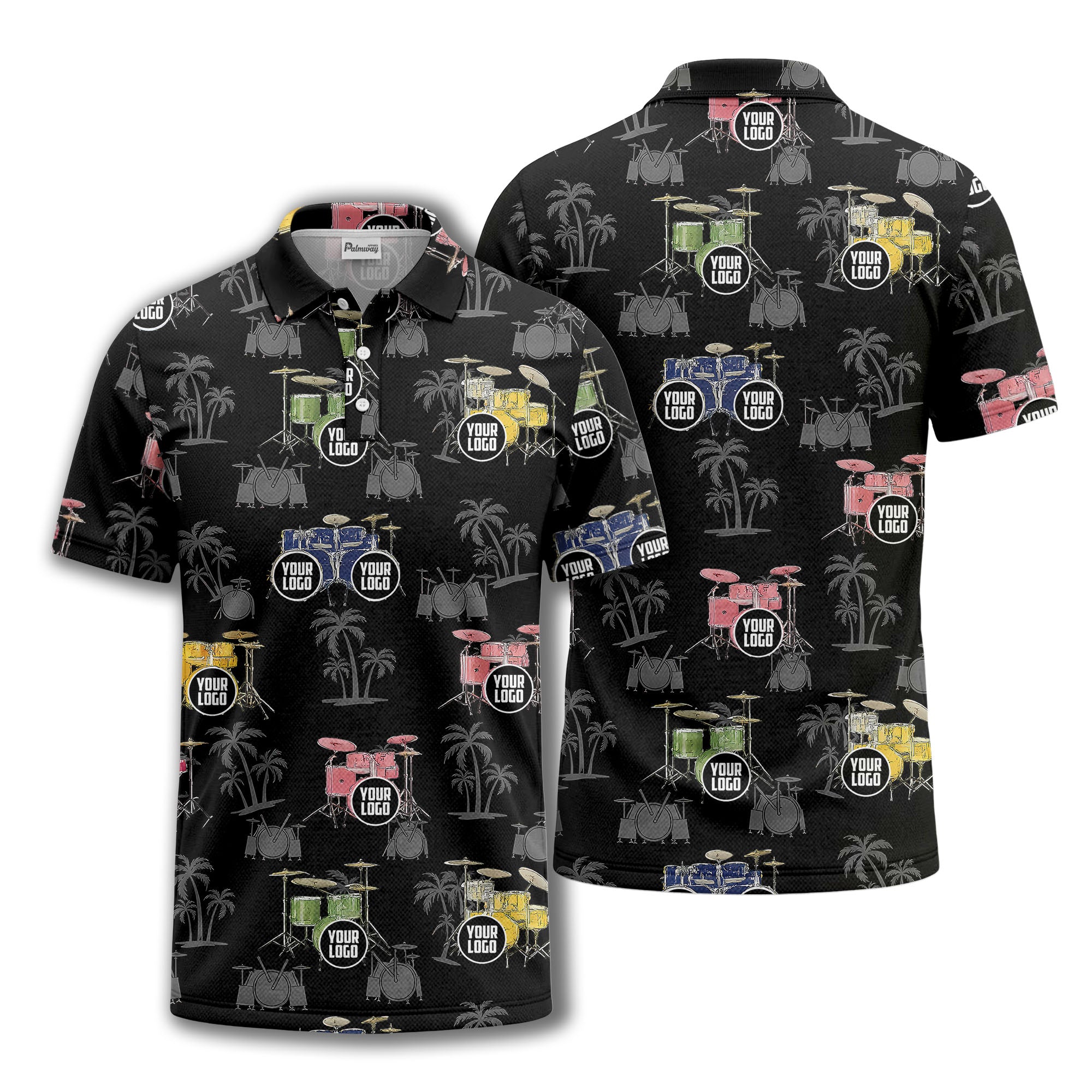 drum kit & palm tree repeat rock band polo shirt for men