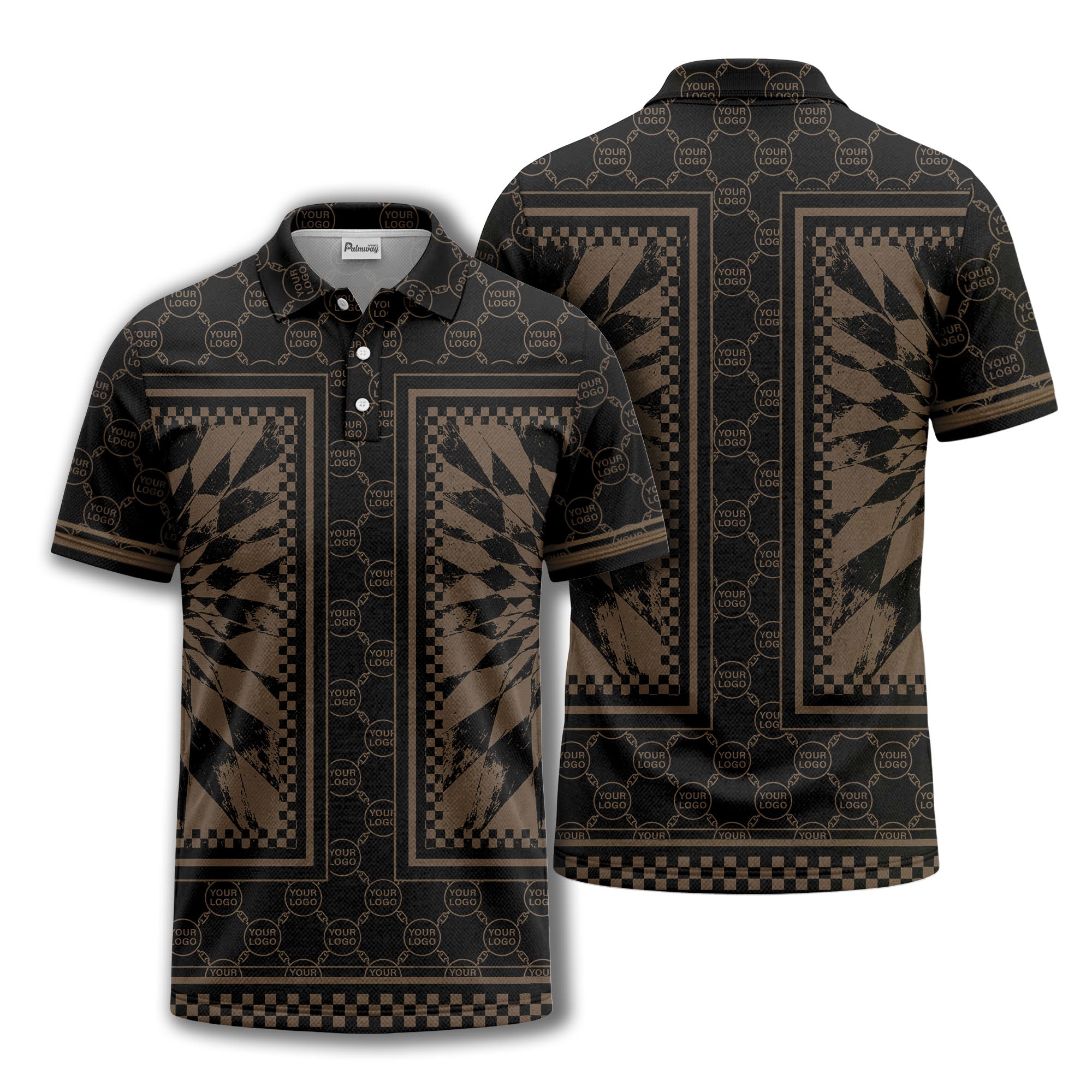 geometric palm leaves checkerboard border polo shirt
