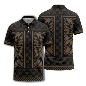 geometric palm leaves checkerboard border polo shirt