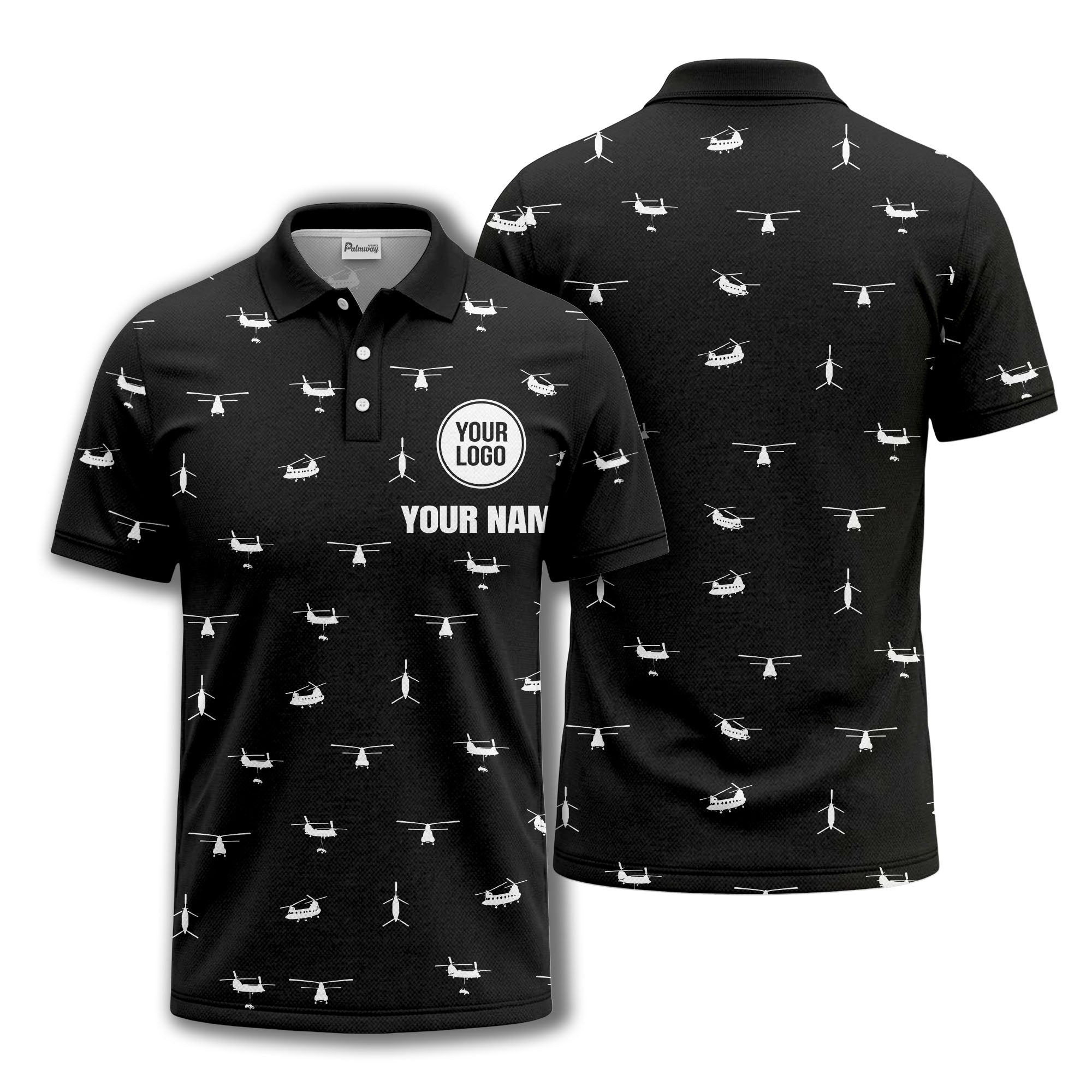 helicopter silhouette repeat pattern custom logo men's aviation polo shirt