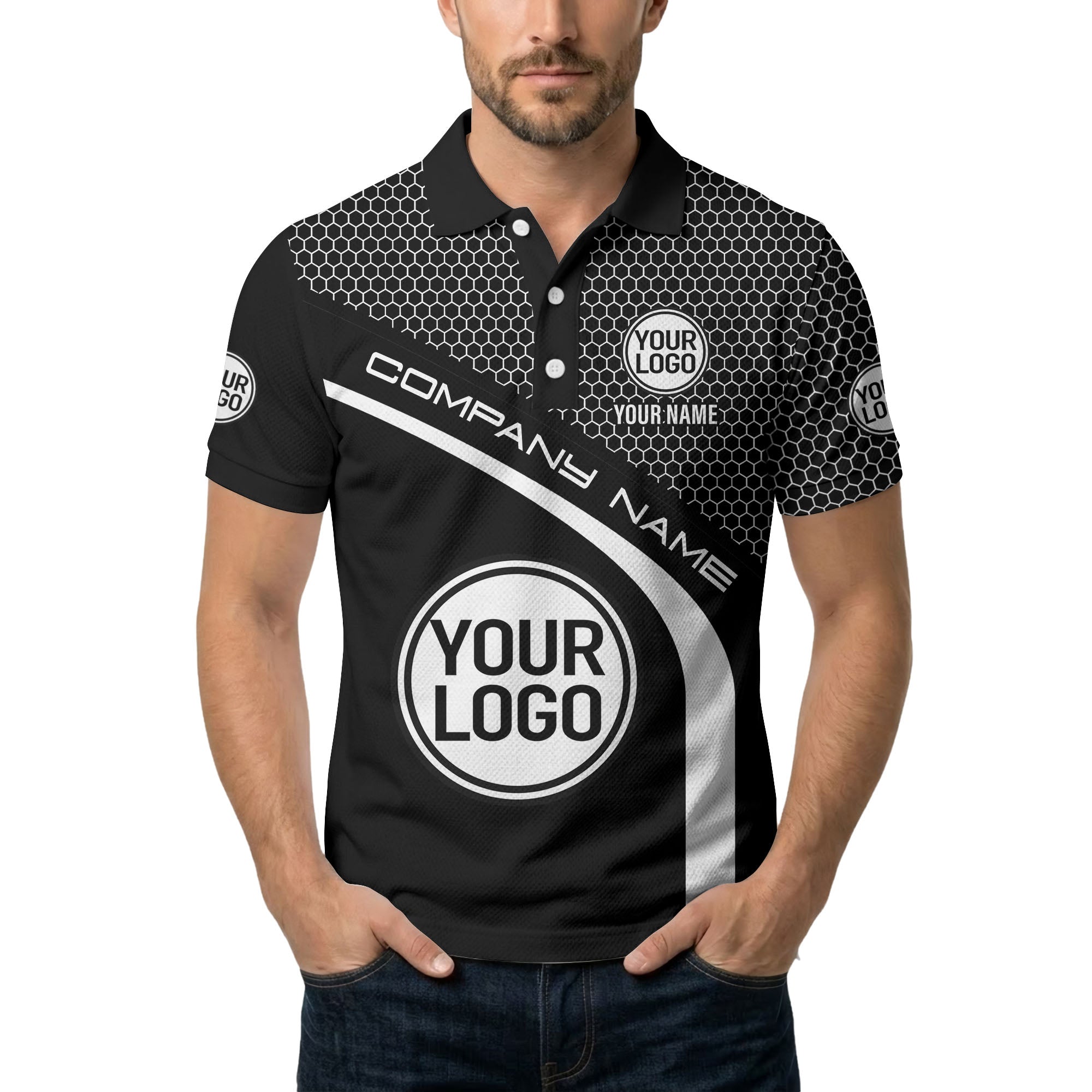 hexagonal grid monogram logo corporate polo shirt for men