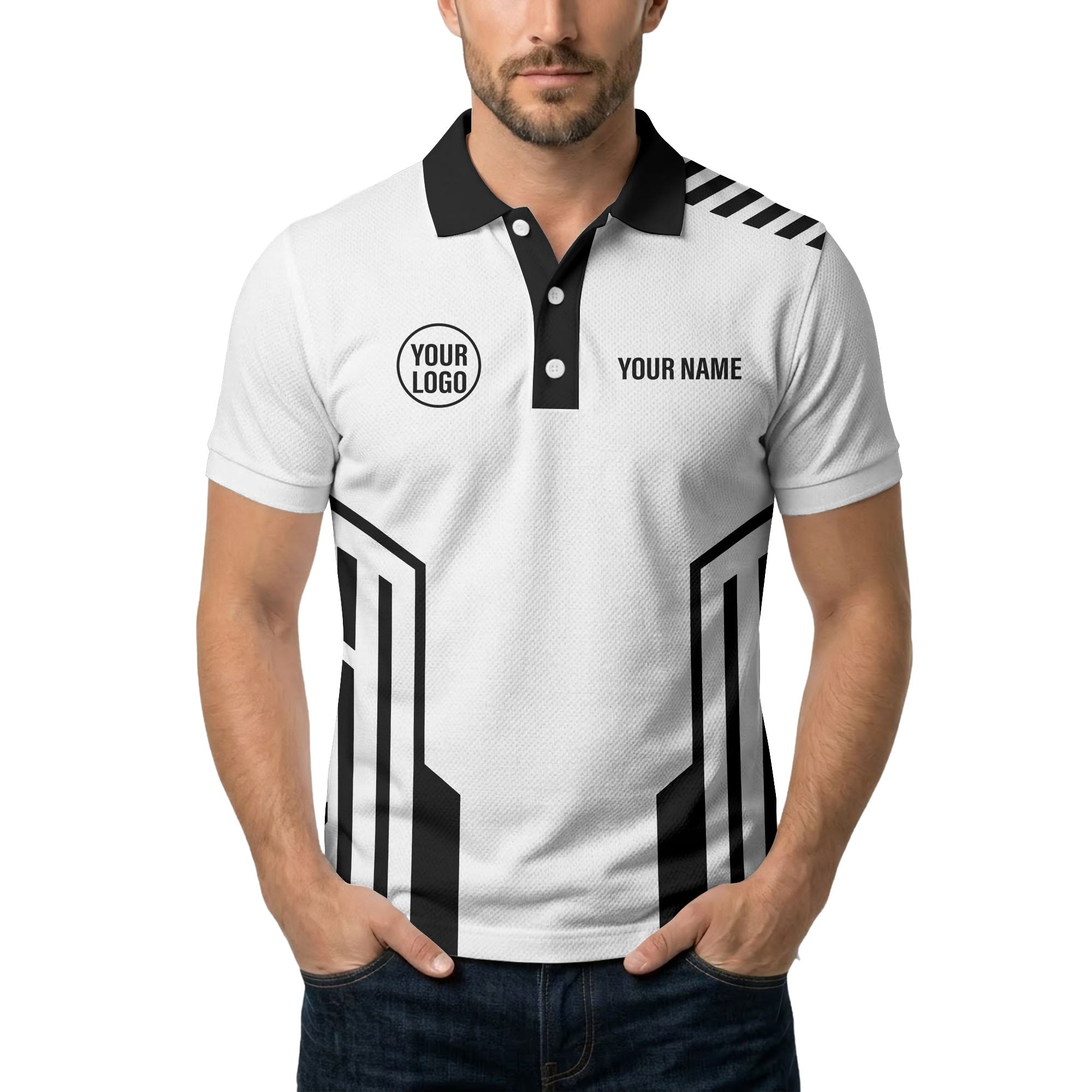 modern black white geometric stripes custom logo polo shirt