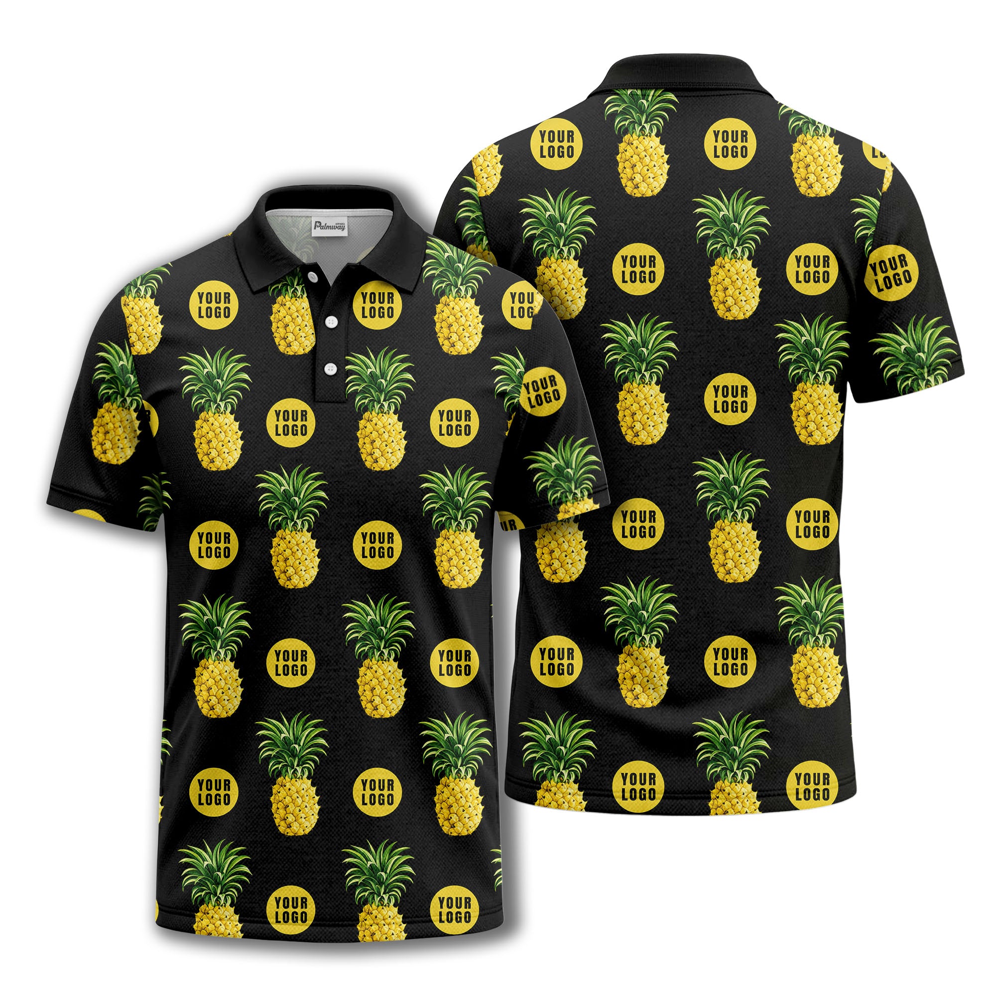 realistic pineapple repeat & custom logo black polo shirt