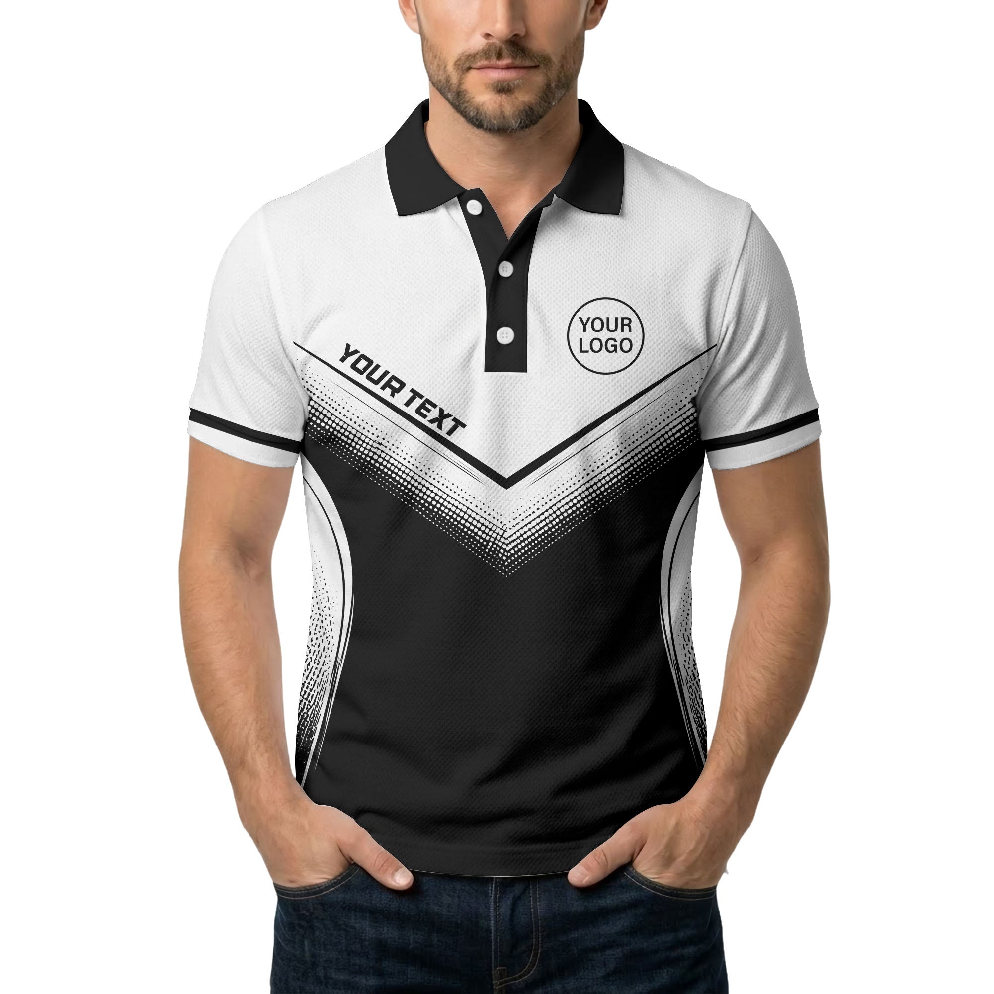 v-shape geometric halftone gradient golf polo shirt for men