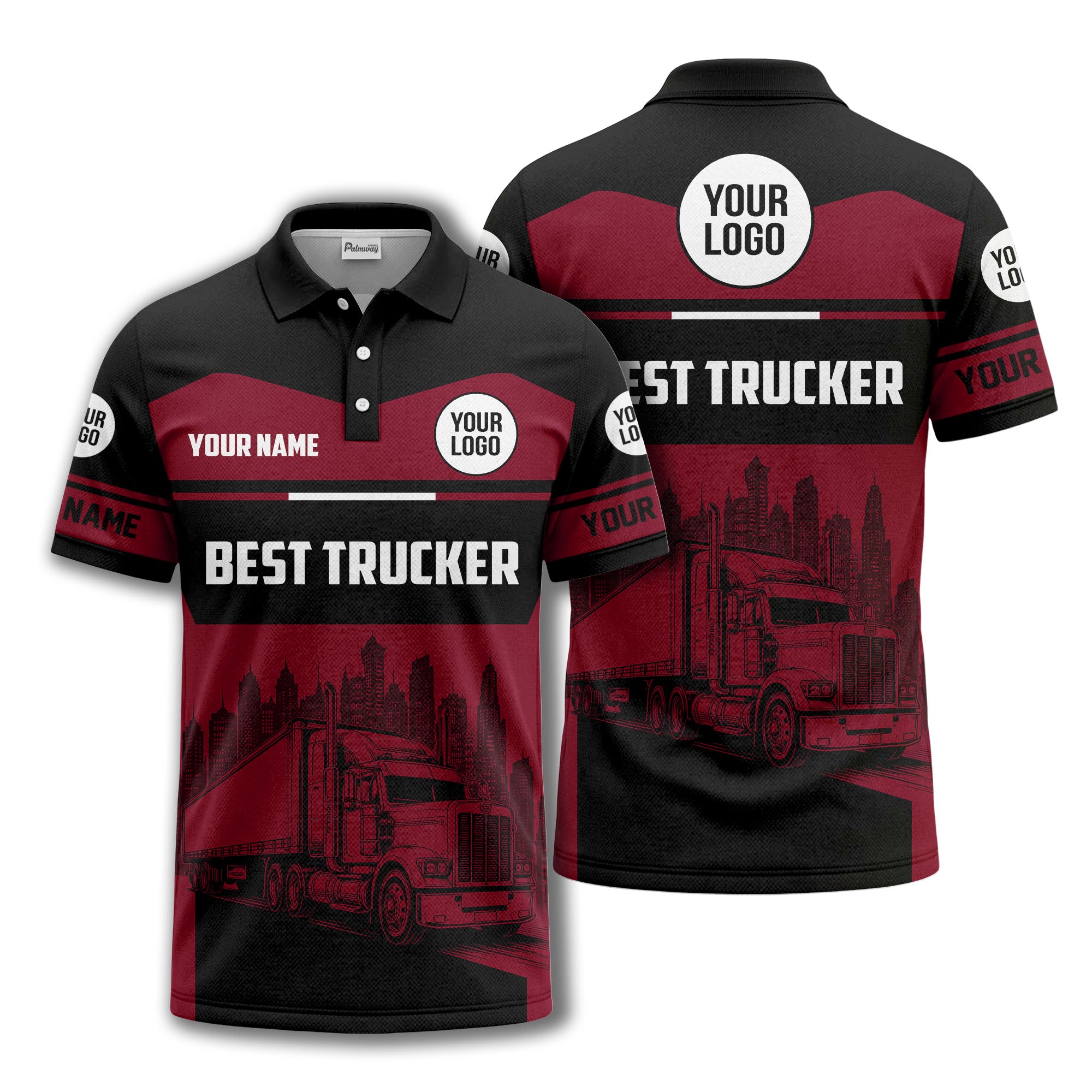 semi-truck cityscape graphic polo shirt for trucker pride