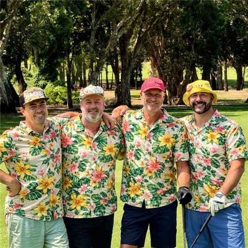 Matching Hawaiian shirts for golf groups, tropical outfits for team events, vacations, and outdoor activities