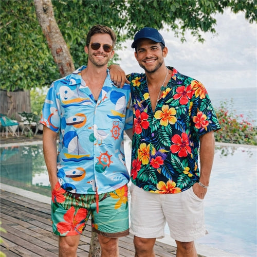 Men’s Hawaiian shirts for summer, tropical vacation outfits for beach, poolside, and resort wear