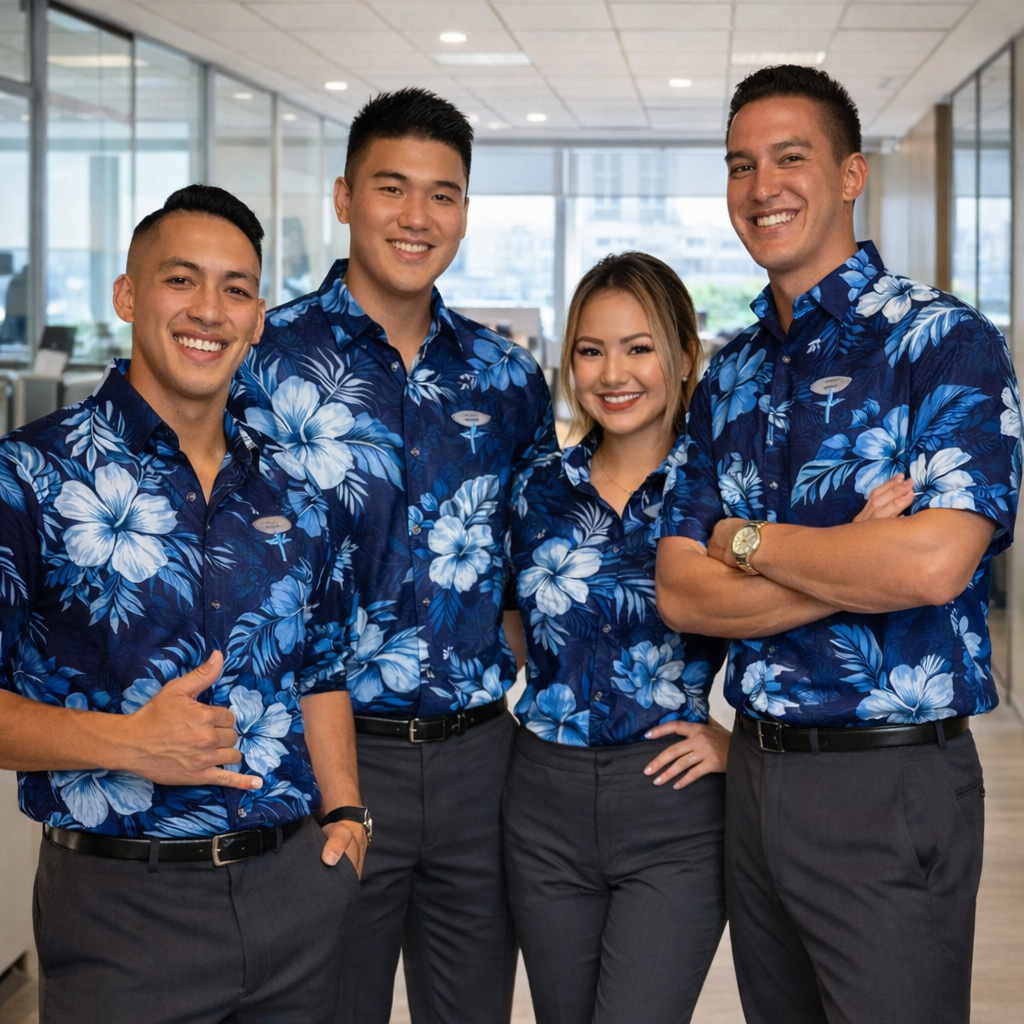 Four people in matching blue floral shirts and dark pants standing in an office setting.